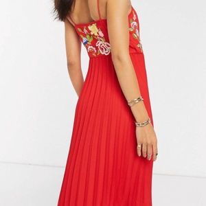 ASOS DESIGN Embroidered Pleated Cami Wrap Midi Dress in Red